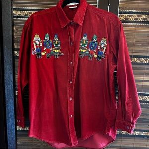 Vintage Corduroy Embroidered Shirt Christmas Nutcracker S/M